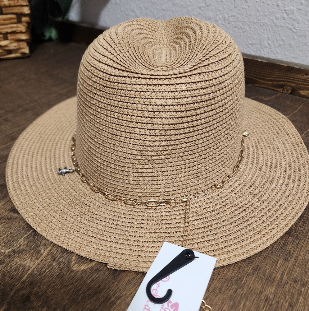 Tan and Gold Wide Brim Sun Hat